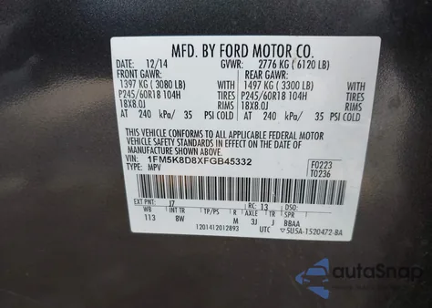 2015 Ford Explorer Xlt из США, поврежденный, VIN 1FM5K8D8XFGB45332